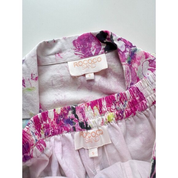 ROCOCO SAND Tessa Pink Floral Cotton Puff Sleeve Wrap Top Shorts Set, Size S - Picture 14 of 16